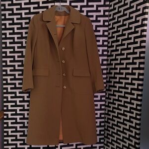 Tailored Single-Breasted Long Pea Coat — Camel / Dark Tan